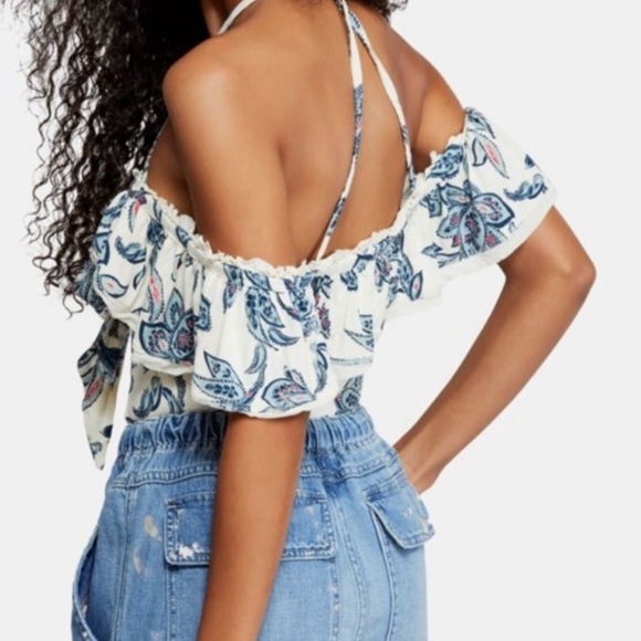 Free People Cha Cha tie front off shoulder stretch top MED white blue paisley - Picture 2 of 12